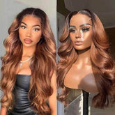 Black Roots Cinnamon Brown Color Body Wave Lace Frontal Wig